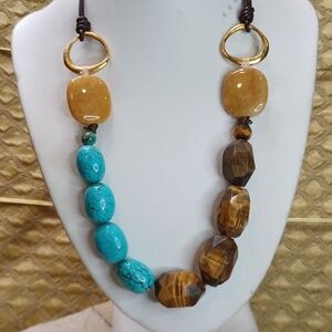Vintage Turquoise, Jade and Tigers Eye On Leather Necklace